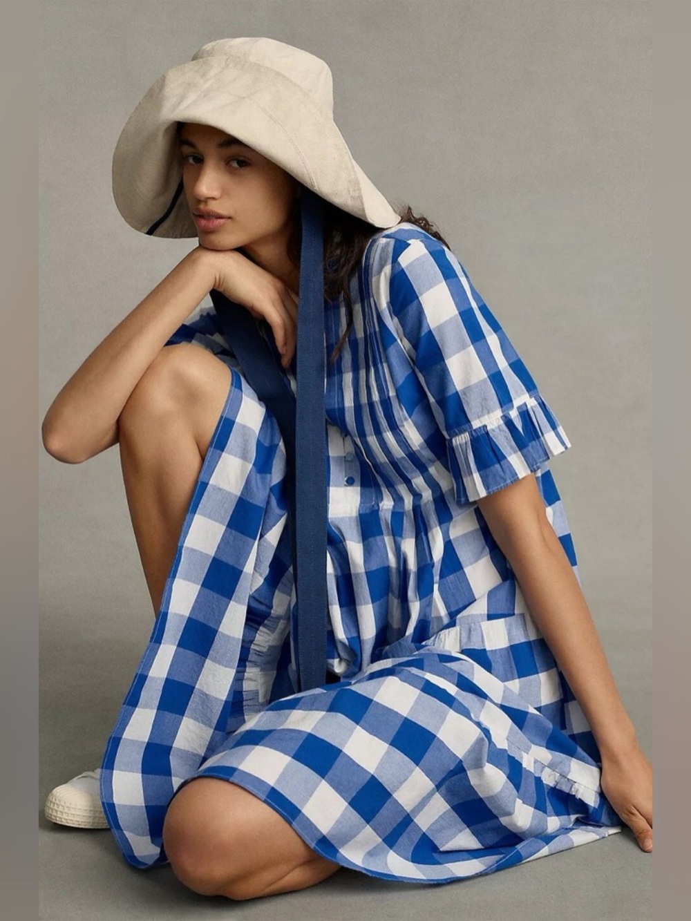 Anthropologie Whit Two Gingham Tiered Midi Dress Blue White - Picture 2 of 6